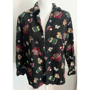 Talbots • Black Corduroy Shirt with Colorful Winter Print